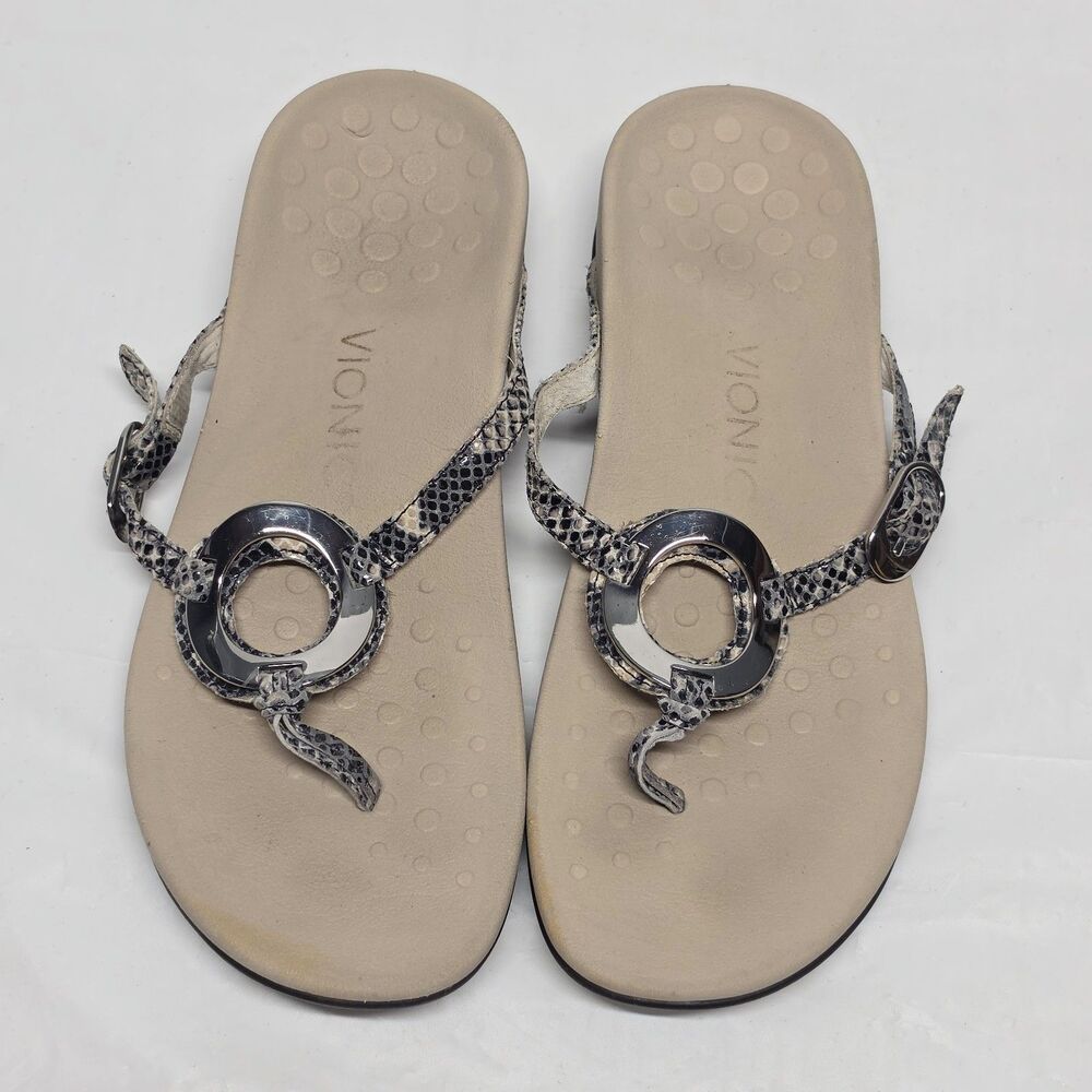 Vionic Karina Women's Thong Sandals Gray Snake Embossed Leather Ring Buckle 7